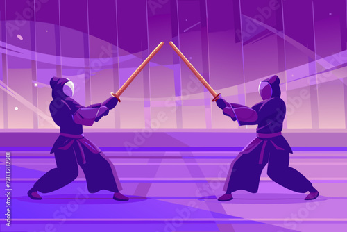Kendo practice with protective gear and bamboo swo