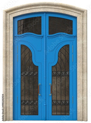 Elegant double arched entrance door with decorative glass and wrought iron details