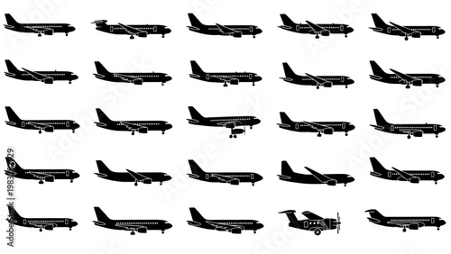 Vector 2D CAD illustration of various airplanes in flight on a white background