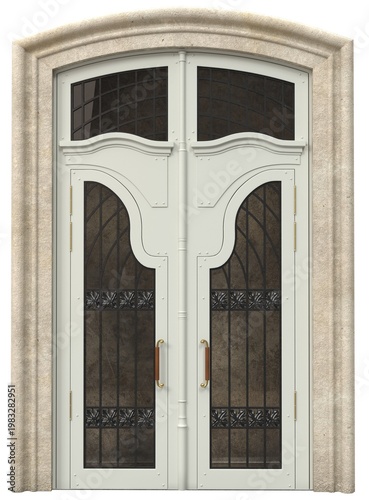 Elegant double arched entrance door with decorative glass and wrought iron details