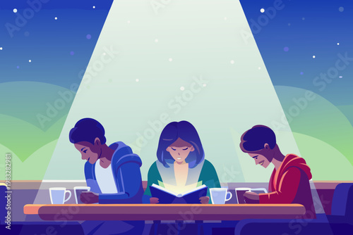 Late night café study session with quiet atmospher