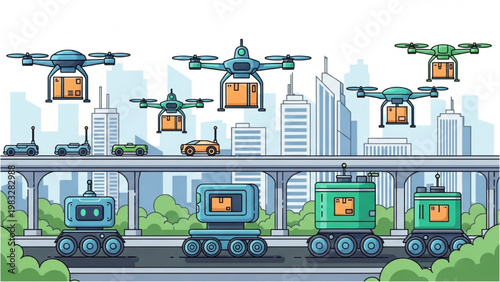 Trains and drones transport goods across cityscape with vector 2D CAD technology