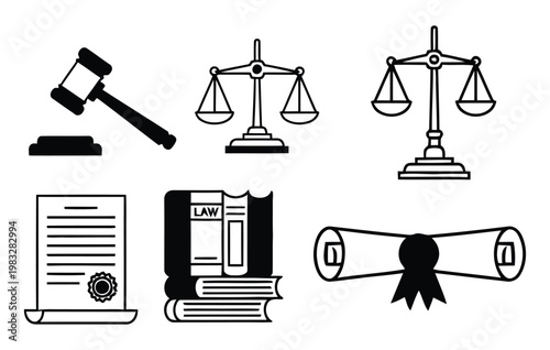 Legal symbols silhouette gavel scales of justice law book and diploma representing law and justice concepts