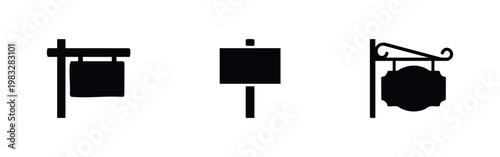 Three signpost icons, various styles, black silhouettes on white background