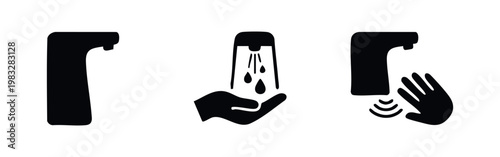 Icons of automatic hand sanitizer dispenser, with water and hand, black silhouettes
