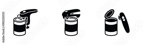 Can opener icons: piercing, cutting, and opened can with lid, black silhouettes