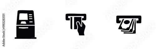 ATM icons: machine, card insertion, and cash withdrawal, black silhouettes on white