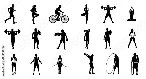 Collection of people exercising and playing sports.