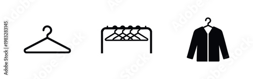 Clothing hanger icons: single, rack, and jacket on hanger, black silhouettes on white