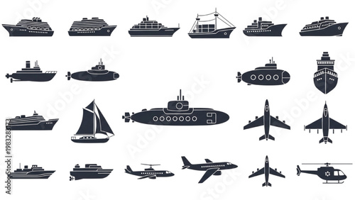 Various vector 2D CAD illustrations of ships and aircraft on a plain background