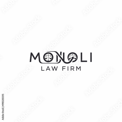 Monoli Law Firm Logo Design with Scales of Justice and Initial M on Isolated White Background