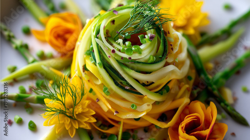 Close-up of creative spring dish built entirely from vegetable scraps and pasta offcuts, sterile white background, clean and intentional food styling