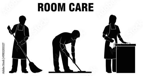 Silhouettes of people performing cleaning tasks for room care in a simple graphic style