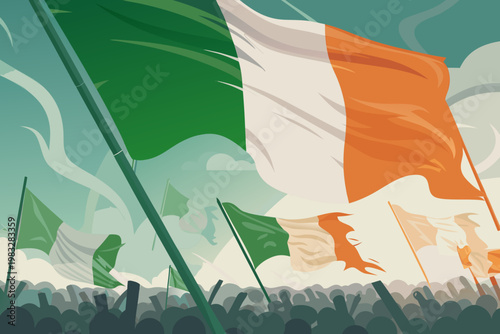 Protest march with large flags waving strongly in