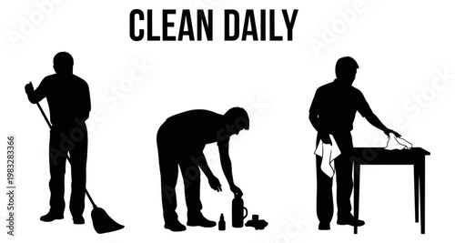 Silhouettes of people performing daily cleaning tasks with brooms and sprays