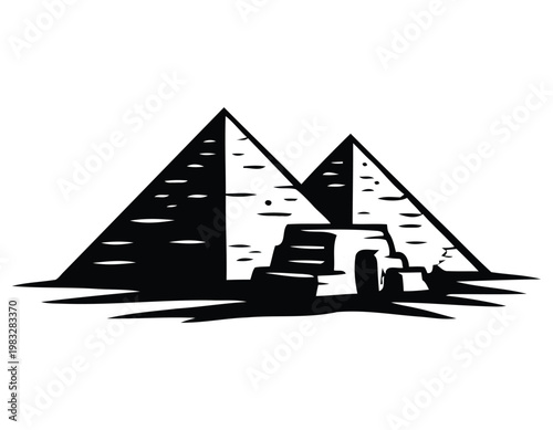 Striking black and white silhouette of ancient egyptian pyramids and a sphinx evoking a sense of mystery and historical grandeur