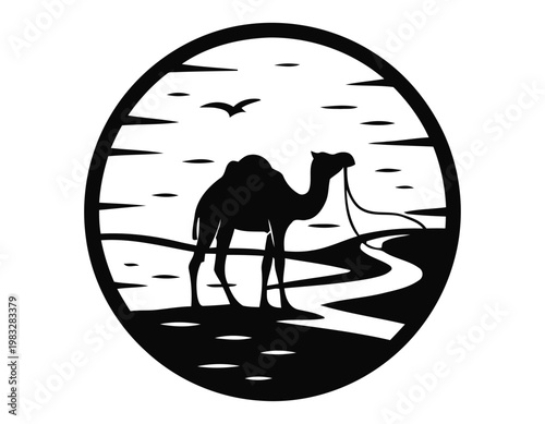 Desert silhouette a striking black and white oval illustration depicts a camel traversing a sandy landscape under a bird's flight