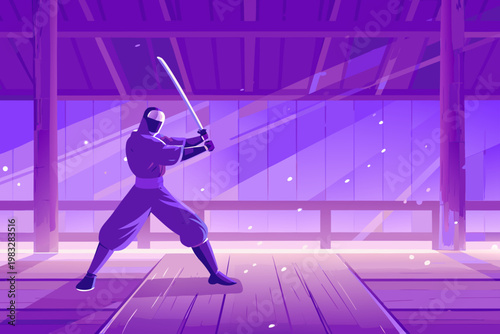 Samurai sword training in traditional dojo with fo