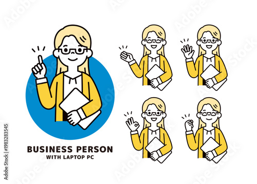 ラップトップを持って様々なポーズをする、眼鏡をかけた女性の上半身ベクターイラスト素材セット