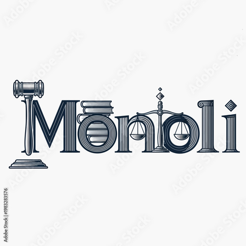 Monoli Text Logo Stylized with Gavel, Books, and Scales of Justice for Legal Services on an Isolated White Background