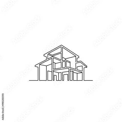 Modern House Construction Outline Illustration with Visible Internal Structure on an Isolated White Background