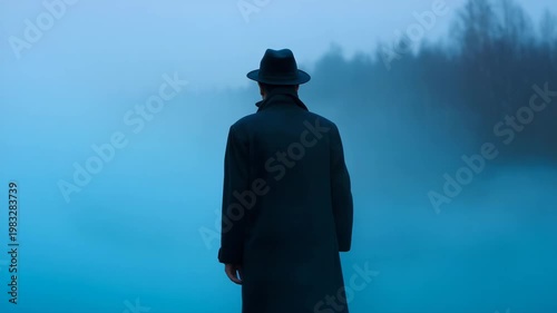 Lone noir figure in dense fog, cinematic man in dark coat and hat, mysterious silhouette in mist, thriller atmosphere, anonymous character background lone figure