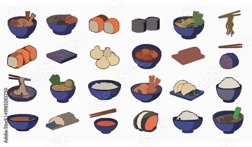Asian food retro 90s sticker set cartoon ramen sushi noodles Japanese Chinese cuisine vector