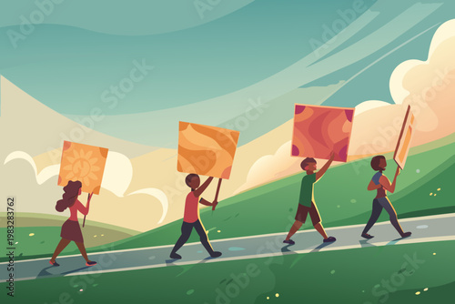 Student protest movement with young people marchin