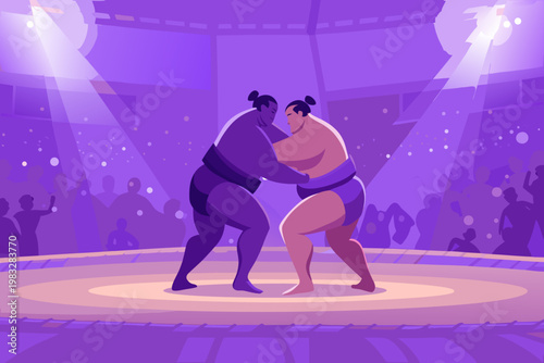 Sumo wrestling match in traditional ring with crow