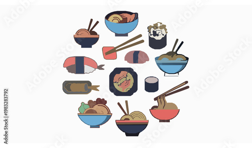 Retro Asian cuisine circle sticker vector ramen sushi noodles Japanese cafe restaurant design
