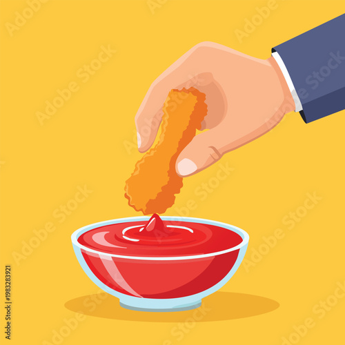 Hand dipping chicken nugget into sauce vector illustration on yellow background
