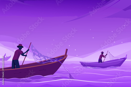 Traditional fishing method using wooden boats and