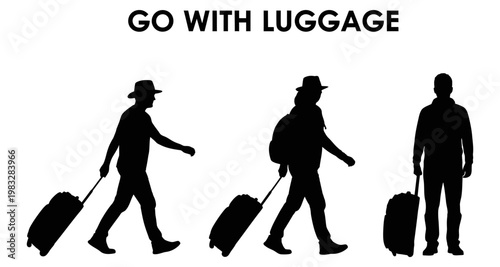 Silhouettes of travelers walking with rolling suitcases and backpacks against a white background