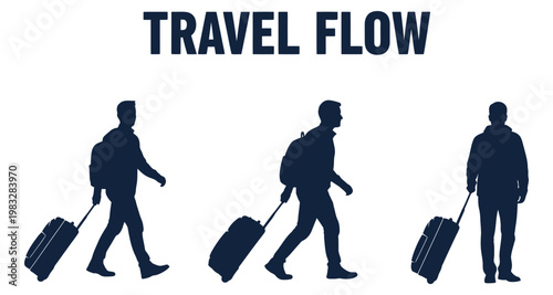 Silhouettes of travelers with rolling luggage in motion during a journey