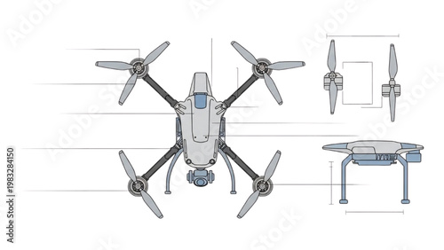 Detailed vector 2D CAD drawing of a drone with rotors and components