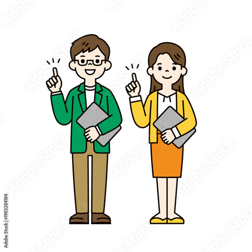 ポイントを説明する・アドバイスする、若い男性と女性の全身ベクターイラスト素材セット
