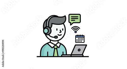 Man wearing headset and using laptop.