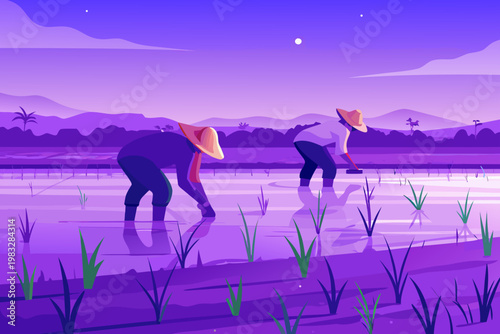 Traditional rice planting in rural japan with farm