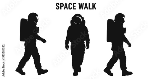 Astronauts in silhouette walking during a space mission against a white background