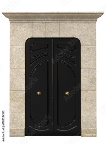 Classic double entrance door with decorative panels and architectural stone frame