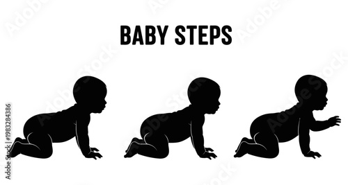 Baby crawling progression silhouettes in black against white background showing development