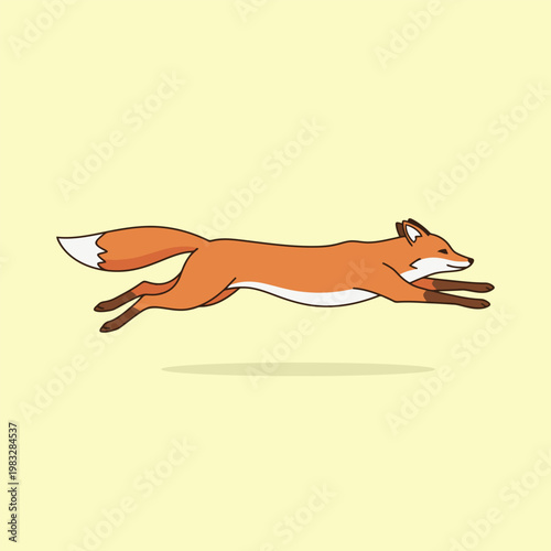 Vector a cartoon orange fox running quickly across a pale yellow background with a green shadow underneath