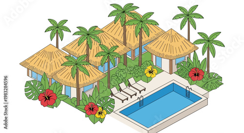 Tropical resort pool with palm trees.