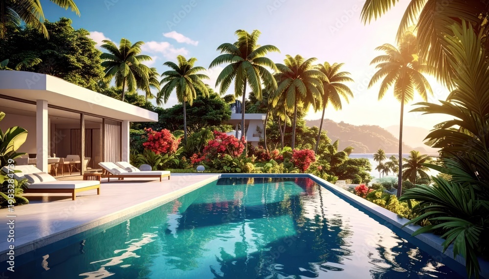 Fototapeta premium Luxury Tropical Villa with Infinity Pool and Ocean View at Sunset.