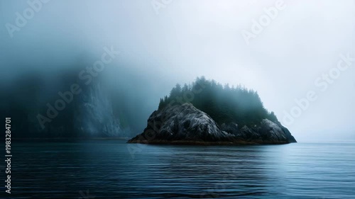 Misty island in cold ocean, fog covered rocky  mysterious coastal landscape, moody wilderness nature scene, remote dramatic island background misty island, foggy seascape