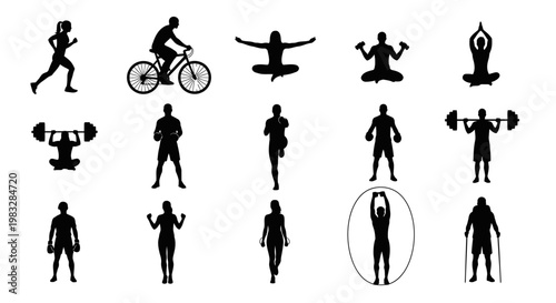 Black silhouettes of people exercising outdoors.