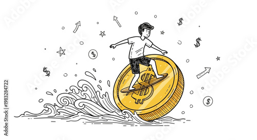 Man surfing on a coin wave.