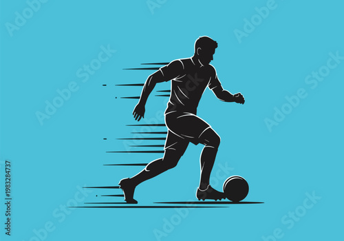 Silhouette of a soccer player dribbling a ball with motion blur lines indicating speed on a vibrant blue background.