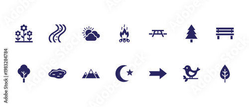 Nature and Outdoor Icon Set Vector Pack Camping, Travel, Weather, Forest and Park Elements