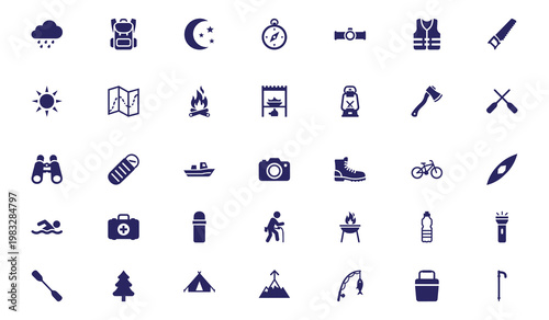 Outdoor Adventure and Camping Icons Set Flat Vector Collection of Nature and Travel Gear